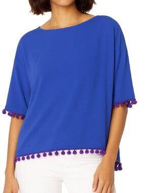 NWT French Connection Crepe Pom Pom Short Sleeve Top Blue/Purple- Size XS